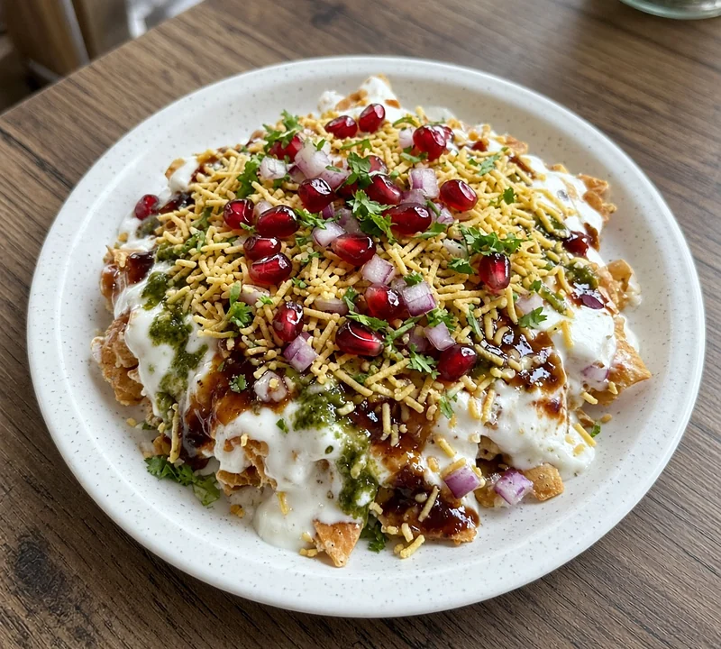 Chaat papdi with yogurt, sev, pomegranate and chutneys