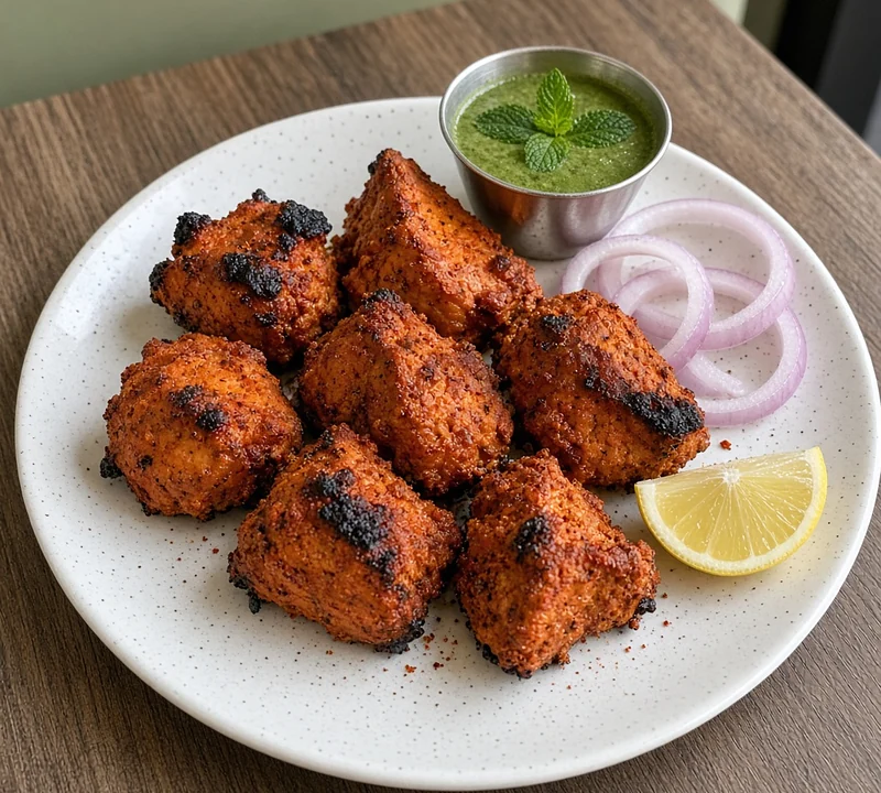 Chicken tikka pieces with onion rings and a lemon wedge