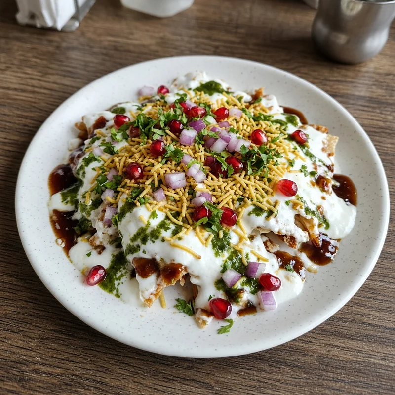 Chaat papdi topped with yogurt, chutneys, sev and pomegranate