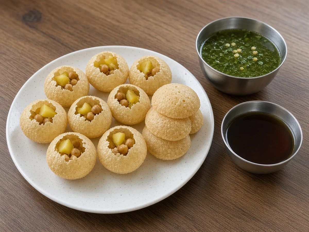 Golgappa: crisp puris filled with potato and chickpeas, with green and tamarind water