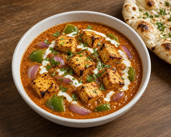 Paneer tikka masala in a bowl with naan beside it